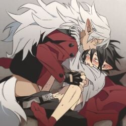 2boys anal black_hair blush clothed cum cum_on_body cum_on_lower_body disgaea disgaea_4 fangs femboy fenrich gay girly gloves grey_hair hands_on_shoulders implied_sex male_only open_mouth pants_down partially_clothed pointy_ears red_eyes red_socks socks sweat tail tears valvatorez vampire werewolf yaoi yellow_eyes