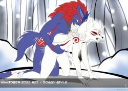 1girls 2022 all_fours amaterasu amaterasu_(okami) anthro blush breasts canid canine canis capcom deity digital_media_(artwork) doggy_style duo female from_behind_position fur jorge-the-wolfdog kinktober male male/female male_penetrating mammal markings mask nipples nude okami okami_(capcom) oki_(okami) page_27 penetration plant sex snow tree white_body white_fur wolf