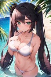 1girls ai_generated aqua_eyes bad_background beach bikini blush breasts cleavage female female_only genshin_impact hand_on_breast large_breasts looking_at_viewer mona_(genshin_impact) nai_diffusion purple_hair solo stable_diffusion twintails white_bikini