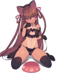 1girls bell bell_choker black_bra black_lingerie black_panties blade_(galaxist) bra breasts brown_hair cat_bell cat_ear_panties cat_ears cat_keyhole_bra cat_keyhole_lingerie cat_lingerie choker cleavage_cutout fake_animal_ears gloves hair_ribbon kneeling lingerie long_hair medium_breasts midriff mizuki_yukikaze navel panties pet_bowl purple_eyes side-tie_panties taimanin_(series) taimanin_yukikaze tan tanline thighhighs underwear