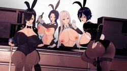 4girls akinama_family_(noir-black-shooter) alcohol big_breasts black_hair bunny_ears bunnysuit dark_blue_hair grey_eyes huge_breasts itsu_akinama_(noir-black-shooter) koikatsu long_hair milf multiple_girls naoki_akinama_(noir-black-shooter) naoko_akinama_(noir-black-shooter) noir-black-shooter oc original_character original_characters purple_eyes shiho_akinama_(noir-black-shooter) short_hair silver_hair sisters wine wine_bottle wine_glass