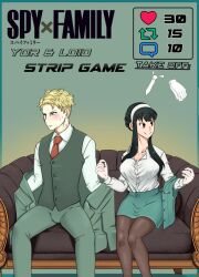 1boy 1girls business_suit clothed_female clothed_male female gloves human loid_forger male office_lady spy_x_family strip_game suit themellythan tie undressing vest yor_briar yor_forger