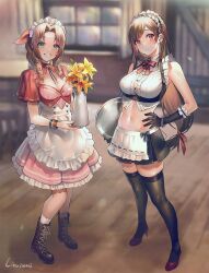 2girls aerith_gainsborough apron black_hair boots bracelet braided_ponytail breasts brown_hair curtain door earrings female female_only final_fantasy final_fantasy_vii flower_pot flowers gloves green_eyes hairbow hand_on_hip high_heels holding_flower holding_tray holding_vase large_breasts lino_chang long_hair looking_at_viewer maid maid_apron maid_headdress maid_uniform midriff navel ponytail red_eyes socks square_enix stool table thighhighs tifa_lockhart tray vase waist_apron window wooden_door wooden_floor