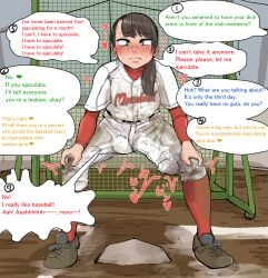 1futa 2023 alternate_version_at_source ball_bulge balls baseball_uniform benbetsu big_balls big_penis black_hair blush bulge clothed clothing dialogue english_text erection erection_under_clothes fully_clothed futa_only futanari huge_cock human imminent_ejaculation imminent_orgasm light-skinned_futanari light_skin orgasm_denial original original_character penis penis_bulge penis_under_clothes pent_up ponytail premature_ejaculation short_hair solo solo_futa speech_bubble spread_legs squatting text text_bubble