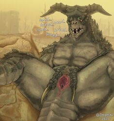 absurd_res bethesda_softworks claws deathclaw fallout female female_deathclaw flat_chested genitals hi_res horn humanoid impregnation_request inviting looking_at_viewer monster no_pupils nude on_ground presenting presenting_pussy pussy scales scaly_tail solo spread_pussy spreading tail teeth text wasteland zerperay