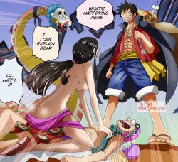 1girls 2boys big_ass big_breasts black_hair boa_hancock caught_in_the_act cheating cowgirl_position dialogue female koby_(one_piece) light-skinned_female light-skinned_male light_skin long_hair male monkey_d_luffy netorare ntr one_piece pink_hair redi_red.cal short_hair snake tattoo tenryuubito_mark text