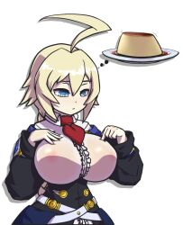 ahoge asura_senki belt blazblue blue_eyes braid breasts deep_skin es_(xblaze) expressionless female food highres huge_ahoge huge_breasts impossible_clothes multiple_belts narrow_waist necktie pudding red_necktie ringed_eyes see-through see-through_clothing single_braid solo thought_bubble underbust xblaze xblaze_code:_embryo