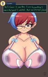 1girls alternate_version_available bare_shoulders big_breasts blue_hair bra breasts dialogue english_text female female_only glasses grey_eyes large_breasts milk nintendo nipple_bulge penny_(pokemon) pokemon pokemon_sv red_hair short_hair simple_background solo solo_female text truedarkorts two_tone_hair