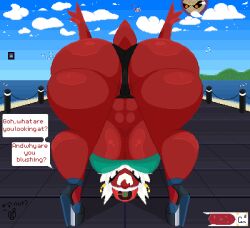 absurd_res after_transformation ass beach big_breasts big_butt breasts camel_toe clothing detailed_background digital_media_(artwork) female footwear gender_transformation generation_3_pokemon growmachine headgear hi_res high_heels humanoid latias legendary_pokemon looking_back nintendo pixel_(artwork) platform_footwear platform_heels pokemon pokemon_(species) red_body satoshi_(pokemon) seaside solo transformation