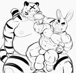 2023 anthro bulge clothing duo felid hi_res hupi1008 kemono lagomorph leporid male male/male mammal muscular muscular_male nipples one_eye_closed overweight overweight_male pantherine rabbit tiger underwear wink