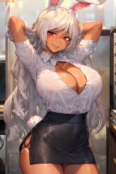 1girls ai_generated amiral_ai arms_up breasts brown_skin cleavage female female_only fluffy_tail huge_breasts long_hair looking_at_viewer miruko my_hero_academia office_lady rabbit_ears rabbit_tail red_eyes rumi_usagiyama short_skirt skirt smile tail thick_thighs thighs wet white_hair