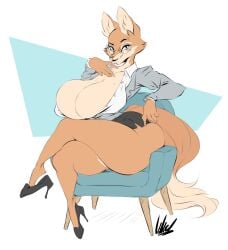 anthro big_breasts breasts cleavage clothed clothing diane_foxington dreamworks dullvivid eyewear female female_fox fur furry furry_only glasses high_heels huge_thighs sitting solo tail the_bad_guys thick_thighs wide_hips