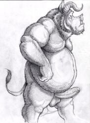 anthro balls belly big_belly bodily_fluids bovid bovine cattle erection foreskin genital_fluids genitals hi_res horn humanoid_genitalia humanoid_penis hybrid kinkycoyote male mammal monochrome penis precum solo suid suina sus_(pig) wild_boar