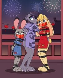 3girls arms_tied_behind_back belt_bondage bianca_(spyro) black_hair blonde_hair blue_eyes bondage bound_ankles bound_feet bound_legs chinese_clothes clothing dress female female_domination female_only gag gagged judy_hopps looking_at_viewer multiple_subs nivek15 purple_eyes small_breasts spyro_the_dragon tape_gag zootopia