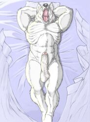 anthro balls bed canid canine canis erection fangs foreskin furniture genitals humanoid_genitalia humanoid_penis kinkycoyote male mammal morning_wood nude open_mouth penis retracted_foreskin solo teeth vein veiny_penis wolf yawn