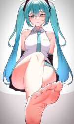 1girls bare_legs bare_shoulders barefoot blue_eyes blue_hair cum_request cute cute_face feet feet_fetish feet_focus feet_up foot_fetish foot_shot hatsune_miku imminent_cumshot imminent_footjob imminent_orgasm knees kumada_gaon legs seductive seductive_face seductive_gaze seductive_look seductive_pose small_breasts soles toes vocaloid