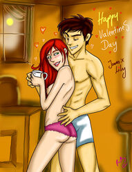 1boy 1girls ass bedroom_eyes blush boxers breasts brown_hair brunette clothing coffee coffee_mug couple cup duo english_text female green_eyes half-closed_eyes happy harry_potter heart holding_cup holding_object house indoors james_potter kitchen light-skinned_female light_skin lily_evans lips lipstick long_hair male minos336 mug nipples panties panties_only partially_clothed pink_clothing pink_lipstick pink_panties red_hair redhead romantic romantic_couple shirtless sideboob smile standing straight tagme teeth teeth_clenched text topless underwear valentine's_day window