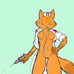 anthro bottomless clothing female female_only firefox fox front_view hand_on_hip holding_syringe mascot open_clothing open_coat solo standing syringe tagme