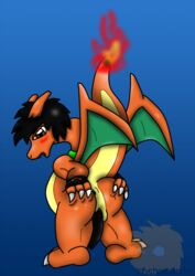 anus ass back_view black_hair blush charizard claws color fire hair male male_only nintendo nude pokemon pokemon_(species) raised_tail solo tagme tail tail_fire wings