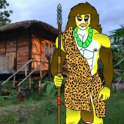 anthro avian cabin clive_runefist clive_runefist_(character) european_mythology genitals grass greek_mythology hair hi_res jewelry long_hair male melee_weapon mostly_nude mythological_avian mythological_firebird mythology penis penis_tip phoenix photo_background photography_(artwork) plant polearm solo spear tribal tribal_outfit weapon