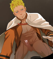 1boy blonde_hair blue_eyes itto_(mentaiko) male male_only naruto partially_clothed penis smile solo uzumaki_naruto