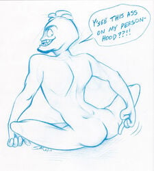 1boy 2010 artist_request ass english_text gay male male_only monochrome nude osmosis_jones osmosis_jones_(character) pointing_at_ass signature simple_background solo speech_bubble tagme text