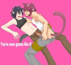 blush byron_(pokemon) clothes color kemonomimi male male_only multiple_males penis pink_background pokemon precum pubic_hair riley_(pokemon) tail yaoi