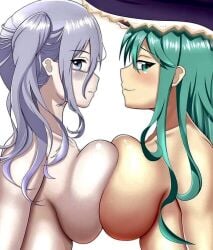 big_breasts blue_eyes breast_press breasts date_a_live expressionless glasses green_eyes green_hair grey_hair looking_away murasame_reine natsumi_(date_a_live) nervous_smile sideboob witch_hat