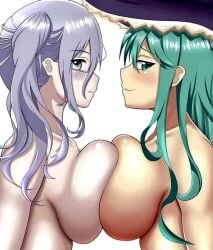 big_breasts blue_eyes breast_press breasts date_a_live expressionless glasses green_eyes green_hair grey_hair kyouno_natsumi looking_away murasame_reine nervous_smile sideboob witch_hat