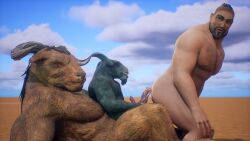 bara big_penis black_body bol_(wildlife) furry gay goat male/male/male male_only male_penetrating minotaur muscular_male threesome train_position wildlife_(video_game)