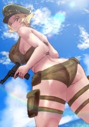 ass ass_cleavage bare_back bikini blonde_hair blue_sky bougainvillea_(unnryuu) breasts brown_eyes butt_crack closed_mouth cloud cloudy_sky curvy day dutch_angle erwin_(girls_und_panzer) female from_behind girls_und_panzer goggles goggles_on_headwear green_bikini green_headwear gun halterneck handgun hat highres holding holding_gun holding_weapon large_breasts lens_flare looking_back luger_p08 military_hat ocean outdoors pants peaked_cap pointy_hair rainbow shiny_skin short_hair sideboob skindentation sky smile solo standing swimsuit thick_thighs thigh_strap thighs tight tight_pants trigger_discipline walther walther_p38 weapon wide_hips