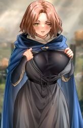 1girls alternate_version_available big_breasts cleavage clothing elden_ring enmanuelart20 female female_only fromsoftware huge_breasts light-skinned_female light_skin looking_at_viewer melina_(elden_ring) talking_to_viewer thick_thighs tight_clothing undressing