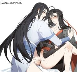 anal_sex bishonen black_hanfu canon_couple cum cum_in_ass cumming ejaculation ejaculation_while_penetrated erection eye_contact gay gay_sex hanfu lan_wangji long_hair_male male_only mo_dao_zu_shi nyamuse penis stolen_art testicles wei_wuxian white_hanfu yaoi