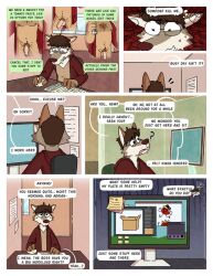 anthro bathrobe bodily_fluids canid canine canis clothed clothing comic computer computer_monitor cubicle dialogue eyewear genitals glasses leo_(nardodraws) male mammal nardodraws nude penis post-it_note robe solo sweat tom_(nardodraws) wolf