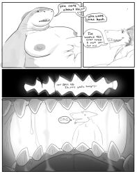 absurd_res anthro black_and_white chunkolilt_(artist) clothing comic duo english_text fish friends hi_res male male/male marine monochrome open_mouth questionable_consent safe_vore sergal shark text text_on_clothing vore willing_prey