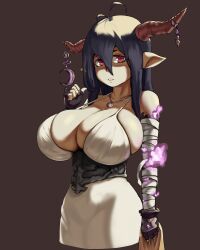 absurdres antenna_hair asura_senki bandaged_arm bandages black_gloves black_hair breasts bursting_breasts cleavage danua draph dress female gloves granblue_fantasy highres horn_ornament horns jewelry large_breasts long_hair necklace pointy_ears red_eyes skindentation solo upper_body white_dress