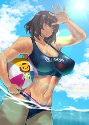 ball beachball bikini black_bikini blue_sky bougainvillea_(unnryuu) breasts cleavage collarbone dark-skinned_female dark_skin day female girls_und_panzer green_eyes highres hoshino_(girls_und_panzer) large_breasts lens_flare leopon_(animal) navel ocean outdoors partially_submerged partially_underwater_shot rainbow sky smile solo sun swimsuit toned underwater wet