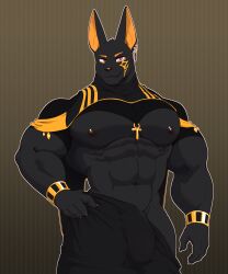 2023 5_fingers abs ankh anthro anubian_jackal anubis biceps big_bulge big_muscles big_pecs biped black_body black_bottomwear black_claws black_clothing black_ears black_fur black_nipples black_nose black_pants black_pupils black_topwear bottomwear bracelet brown_background bulge canid canine canis claws clothed clothing colored croiyan crop_top digital_media_(artwork) ear_piercing ear_ring egyptian eye_markings finger_claws fingers front_view fur genital_outline gold_(metal) gold_jewelry hand_on_hip hi_res humanoid_hands jackal jewelry kemono looking_at_viewer male mammal markings midriff monotone_body monotone_ears monotone_fur multicolored_clothing multicolored_shirt multicolored_topwear muscular muscular_anthro muscular_male navel nipples pants partially_clothed pecs penis_outline piercing pinup portrait pose pupils purple_eyes ring_piercing shaded shirt simple_background slit_pupils snout solo standing three-quarter_portrait topwear two_tone_clothing two_tone_shirt two_tone_topwear yellow_clothing yellow_inner_ear yellow_markings yellow_topwear