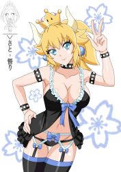 1girls armlet black_lingerie black_nightgown black_panties blonde_hair blue_eyes bow_garter_straps bowsette bracelet breasts collar earrings garter_belt garter_straps hand_on_hip horns large_breasts lingerie looking_at_viewer mario_(series) midriff navel new_super_mario_bros._u_deluxe nightgown nintendo nipple_bulge panties ponytail satou_satori spiked_armlet spiked_bracelet spiked_collar super_crown thighhighs