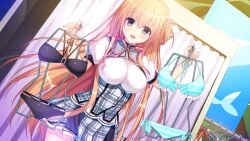 1girls bikini black_bikini black_swimsuit blue_bikini blue_swimsuit breasts changing_room clothes_hanger clothes_rack clothes_shop clothes_store curtain dressing_room game_cg hair_ornament kino_(kino_konomi) large_breasts long_hair looking_at_viewer orange_hair purple_eyes school_uniform shinonome_setsuna shirogane_x_spirits shop shopping side-tie_bikini side-tie_swimsuit striped_bikini striped_swimsuit swimsuit white_bikini