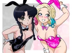 armpits artist_request black_hair blonde_hair blue_eyes blue_hair bunnysuit emma_myers enid_sinclair goth gray_background jenna_ortega pink_background pink_hair the_addams_family wednesday_addams white_background