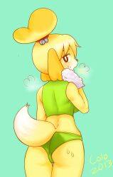 1girls animal_crossing ass bare_shoulders butt clothing colo female female_only green_panties green_topwear isabelle_(animal_crossing) looking_at_viewer looking_back looking_back_at_viewer nintendo panties solo sweat tagme tail topwear