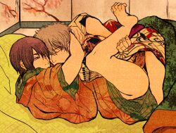 2boys anal anal_sex arms_around_neck closed_eyes embrace fine_art_parody gintama gintoki_sakata igaitaindesuwa implied_anal indoors japanese_clothes kimono leg_lift leg_up looking_at_another male male_only on_back penis shouji shunga style_parody takasugi_shinsuke yaoi