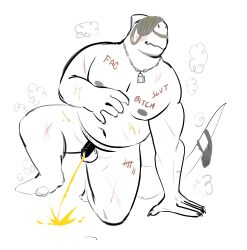 absurd_res bodily_fluids body_writing chastity_cage chastity_device chubby_male chunkolilt_(artist) clothing embarrassed_nude_male fish hi_res jockstrap jockstrap_on_face kneeling male marine musk musk_clouds peeing shark solo underwear