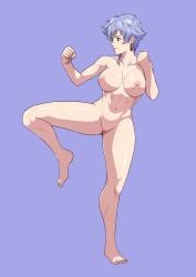 1girls areolae athletic athletic_female bangs bleach blue_background breasts cirenk clenched_hands collarbone completely_nude earrings edit female female_focus female_only fighting_stance fit fit_female full_body hands_up highres jewelry knee_up kotetsu_isane large_breasts messy_hair naked nipples nude nudity pussy shaved_pussy short_hair silver_hair simple_background smile solo spread_legs standing standing_on_one_leg tomboy