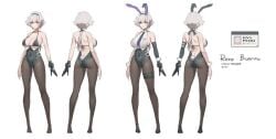 2021 azur_lane bikini_top bunny_ears bunny_tail bunnysuit cuffs_(clothing) glove glove_on_one_hand hairband id_card leggings manjuu_(company) pandea_work ponytail purple_eyes reno_(azur_lane) reno_(reno_bunnino)_(azur_lane) short_hair short_white_hair shoulder_glove tie white_hair yongshi yostar