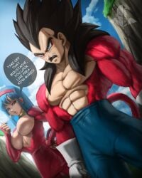 1boy 1girls abs aged_up armwear biceps big_breasts black_hair blue_eyes blue_hair bra_(dragon_ball) bra_briefs breasts daughter dialogue dragon_ball dragon_ball_gt ear_piercing earrings elitenappa english_text father father_and_daughter featureless_breasts female female_saiyan gloves hairband huge_breasts human large_breasts long_hair_male male male_saiyan muscles muscular_male mustache pants pecs piercing red_fur red_hairband saiyan skirt super_saiyan_4 text toony topless vegeta