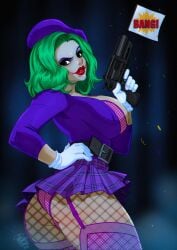 1girls armed ass batman_(series) belt beret big_breasts busty dc dc_comics female female_only flashing_panties garter_belt_leggings garter_straps genderswap gloves green_hair gun hand_on_hip heavy_makeup human human_only joker legwear looking_at_viewer makeup rule_63 side_view skirt skirt_lift solo solo_female the_joker thighhighs tovio_rogers visible_panties visible_underwear weapon