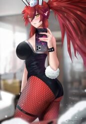 ass ass_focus bunnysuit dragon_girl female_only jamesloves_art orange_eyes phone red_hair selfie solo virtual_youtuber vshojo vtuber zentreya