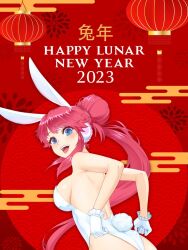 2023 blue_eyes bunny_ear_headphones bunny_ears bunny_tail bunnysuit chinese_new_year chinese_text english_text gloves hair_bun headphones long_hair long_pink_hair looking_back_at_viewer nutaku nutaku-tan pink_hair ponytail pulling_leotard red_hair sideboob smiling smiling_at_viewer text year_of_the_rabbit